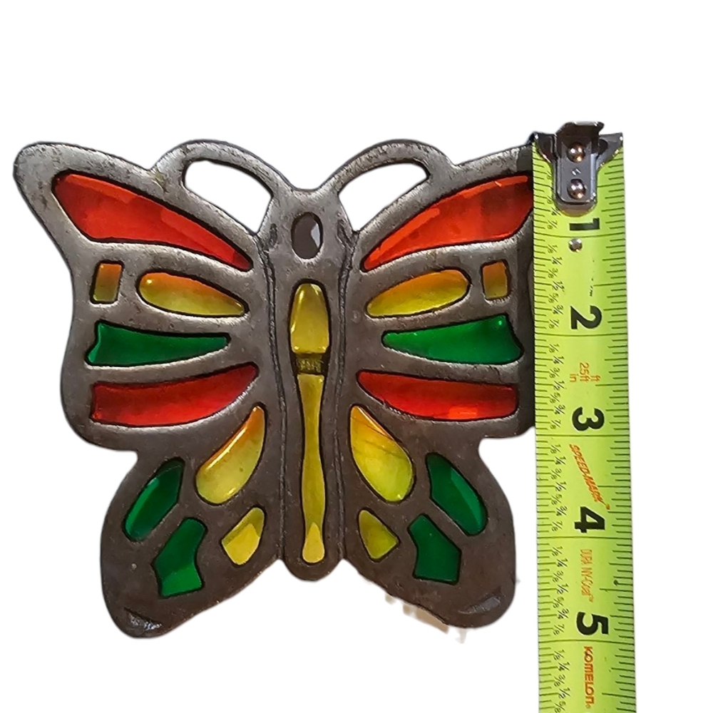 Vintage Set of 2 Colorful Iron & Acrylic Butterfly and Woven Oval Trivets - Picture 7 of 8